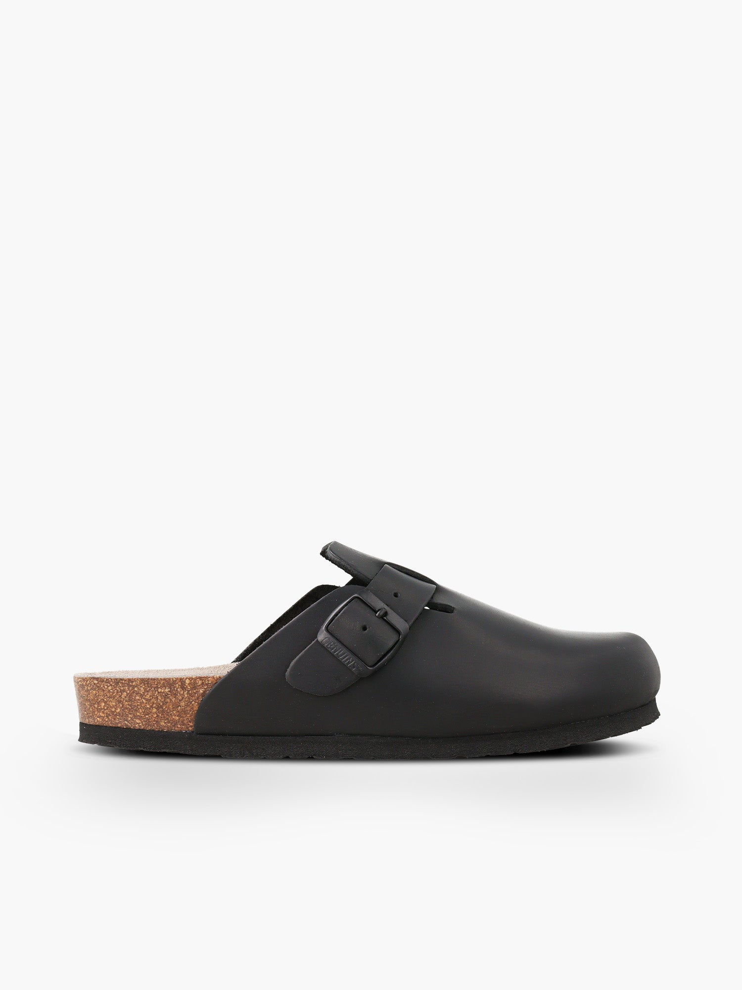 Zueco Genuins Riva de piel engrasada color negro con planta anatómica de caucho corcho y hebilla ajustable metálica para mujer vista lateral