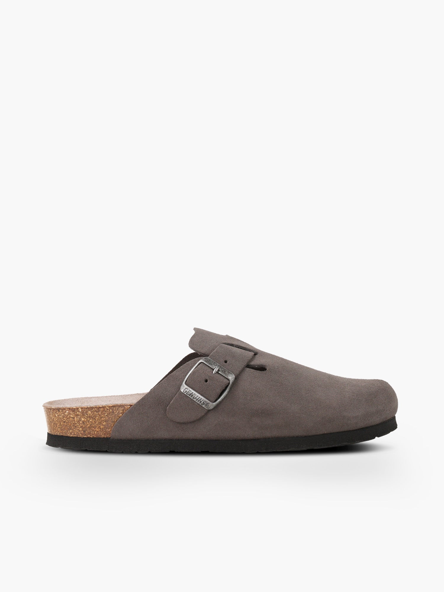 TEXTO ALTERNATIVO ( ALT) 
Zueco Genuins Riva  de piel serraje color gris con planta anatómica de caucho corcho y hebilla ajustable metálica para mujer vista lateral  
