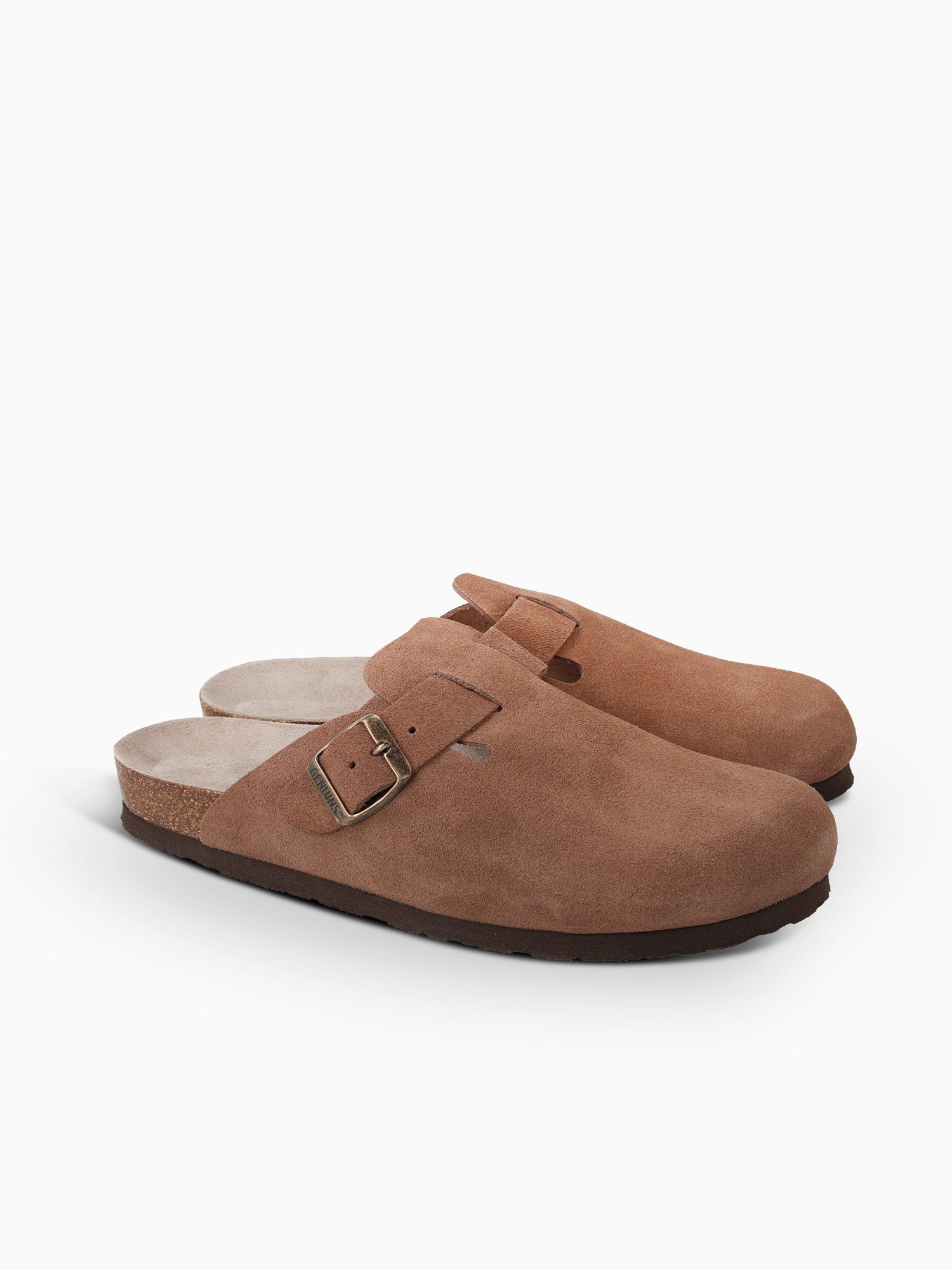 Zueco Genuins Riva de piel serraje marrón tierra con planta anatómica de corcho Y foam y hebilla ajustable 