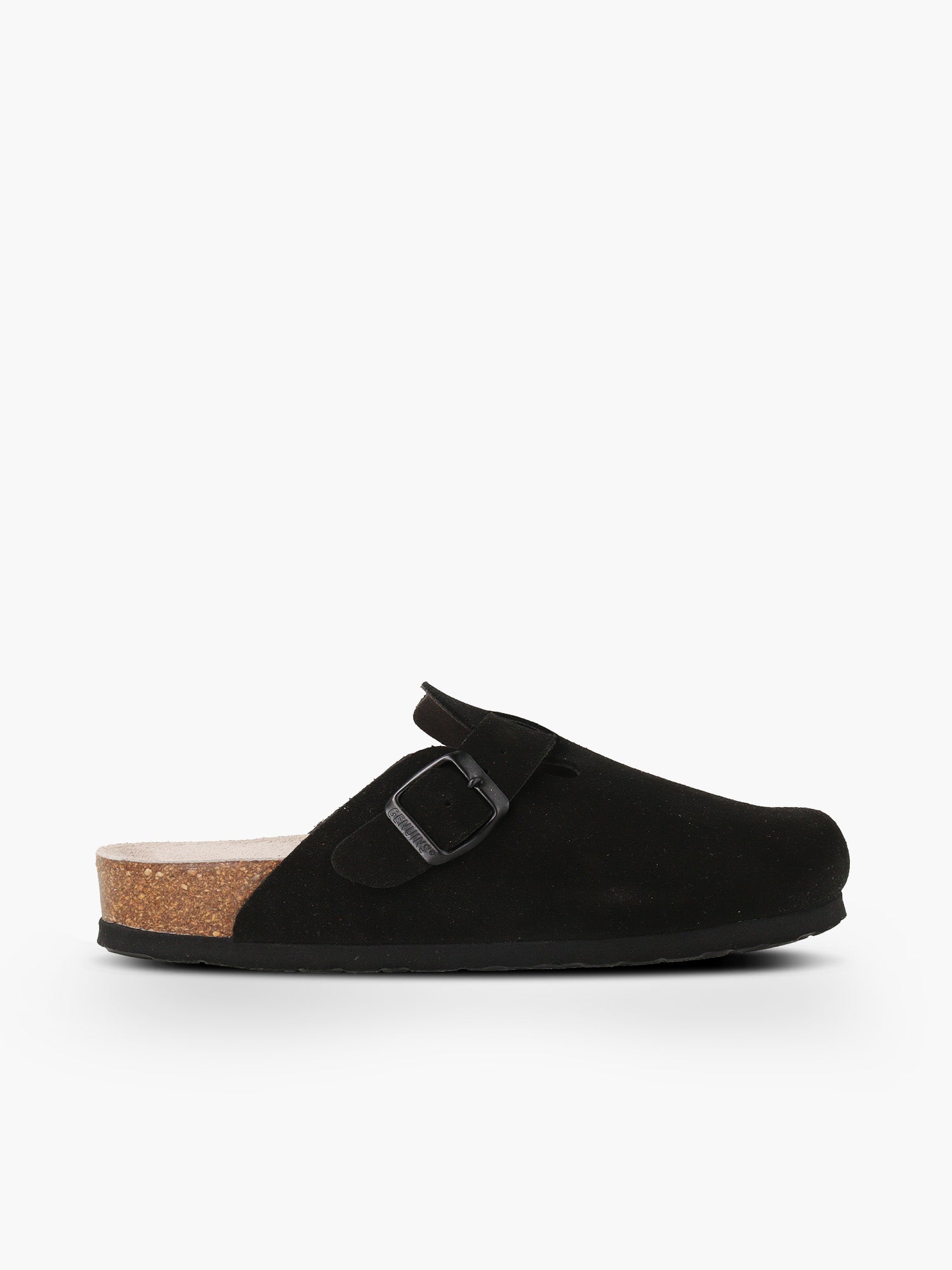Zueco Genuins Riva  de piel serraje color negro  con planta anatómica de caucho corcho y hebilla ajustable metálica para mujer en vista lateral  